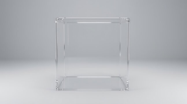 Empty clear transparent acrylic glass cube showcase box on minimalist gray studio background 3D render