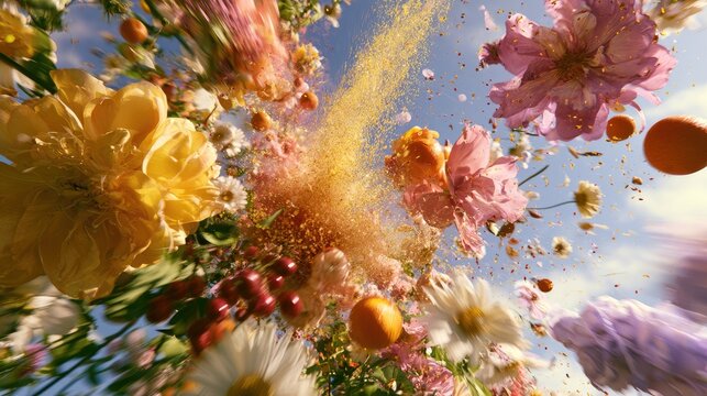 Explosive vibrant floral and fruit burst against a bright sky