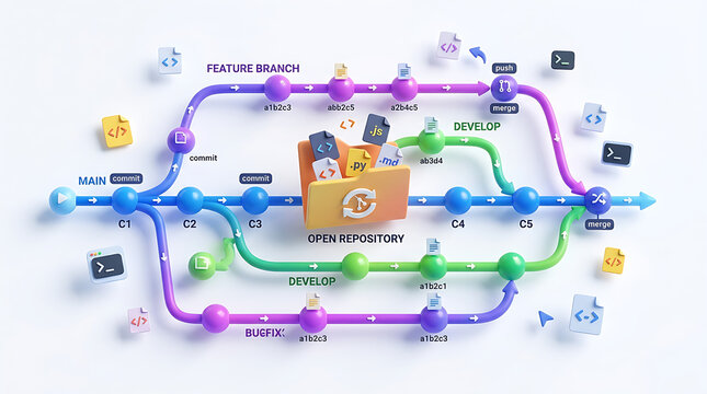 Visual representation of a Git branching strategy showing main, develop, feature, and bugfix branches merging into an open repository.