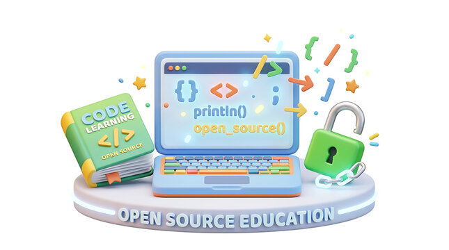 A 3D illustration of a laptop with code, a "CODE LEARNING" book, and a padlock, representing open source education and programming.