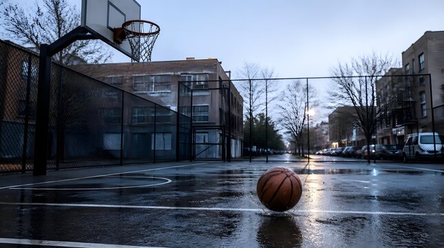 Orange leather basketball bouncing on wet asphalt court during cold urban evening
