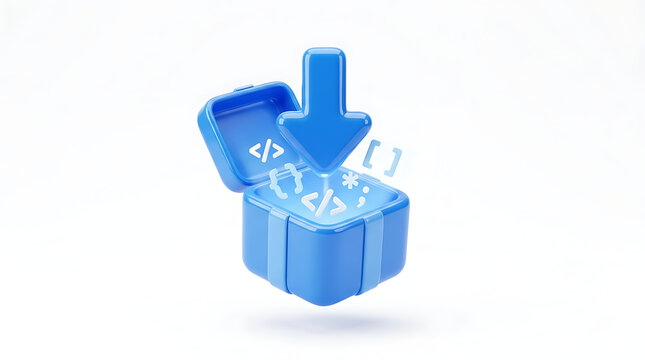 A 3D rendering of a blue open box with a download arrow pointing into it, surrounded by programming code symbols, representing software development or data transfer.