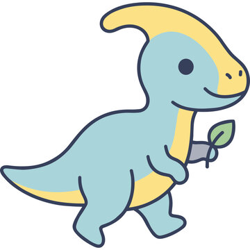 Cute blue yellow parasaurolophus dinosaur illustration holding a green leaf isolated on white background