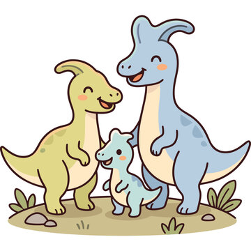 Cute cartoon dinosaur family illustration with baby parasaurolophus
