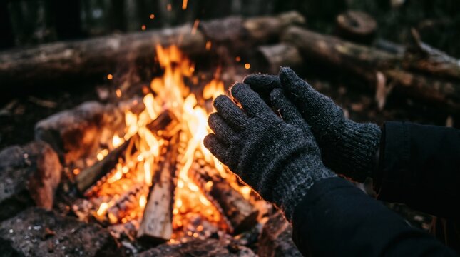 Person wearing woolen gloves warming hands by a crackling campfire in a forest setting