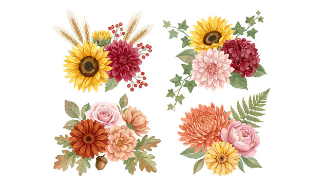 Autumn floral bouquets vector collection featuring sunflowers dahlias roses chrysanthemums and rustic fall botanical elements for wedding design