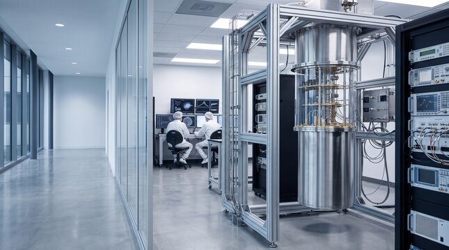 Scientists working in a quantum computing laboratory with advanced cryogenic hardware