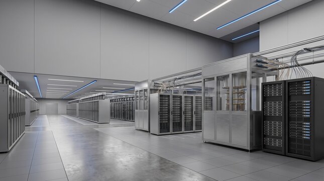 Modern data center server room with rows of computer hardware and network infrastructure