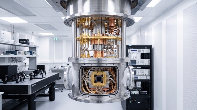 Quantum computer processor inside a dilution refrigerator in a high tech research laboratory