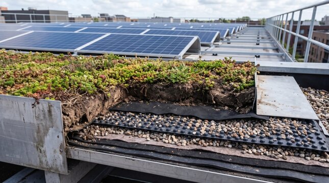 Green roof layers and solar panels on a rooftop showing sustainable urban design and renewable energy integration