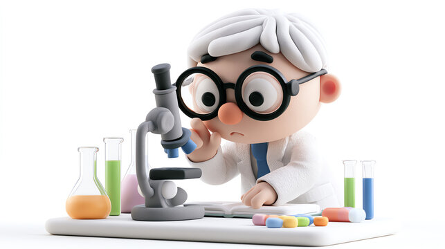 A cartoon scientist examines samples under a microscope, surrounded by colorful beakers and laboratory equipment, showcasing a whimsical scientific environment.
