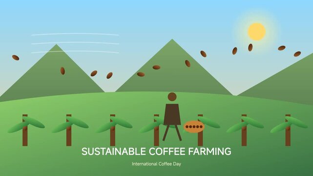 Vector illustration of ecological coffee agriculture with a farmer in a green mountain landscape