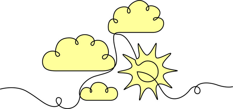Clouds and Rising Sun Landscape PNG Isolated on Transparent Background, colorful hand drawn scenery with yellow clouds, bright sun and simple rolling horizon