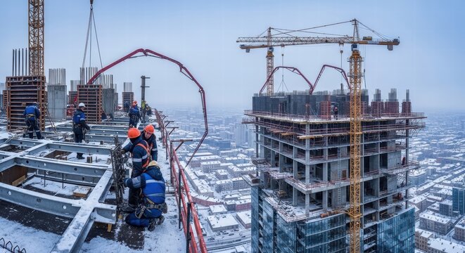 Construction workers build skyscraper in winter with snow covering the city below