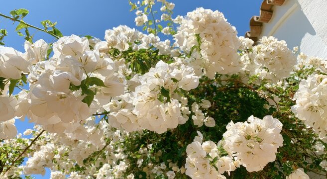 Lush white blossoms cascade against a vibrant blue sky