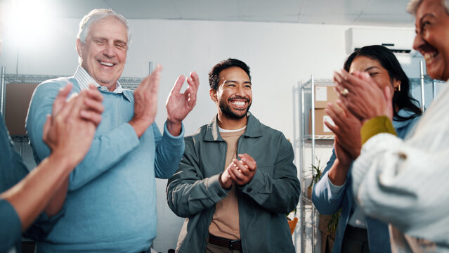 Logistics, happy or team clapping for success at office, supply chain goal or milestone celebration. Excited people, distribution or applause for delivery target, sales record or shipping achievement
