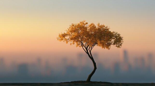 Solitary tree with autumn foliage against a soft, hazy city skyline at sunset