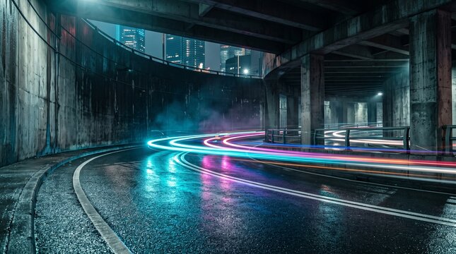 Neon Stream: A dramatic nighttime cityscape reveals light trails streaking through an urban underpass, with reflections dancing on the wet asphalt under the vibrant glow of neon lights.