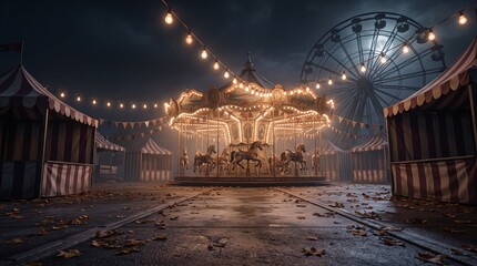 Fototapeta premium A spooky abandoned carnival at night featuring a glowing carousel and ferris wheel perfect for a dark halloween themed background