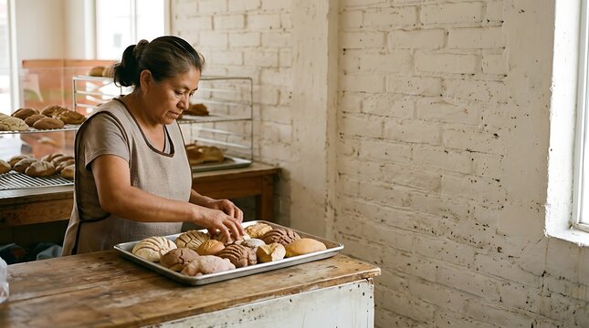 Mexican baker woman arranging sweet bread conchas in a rustic shop