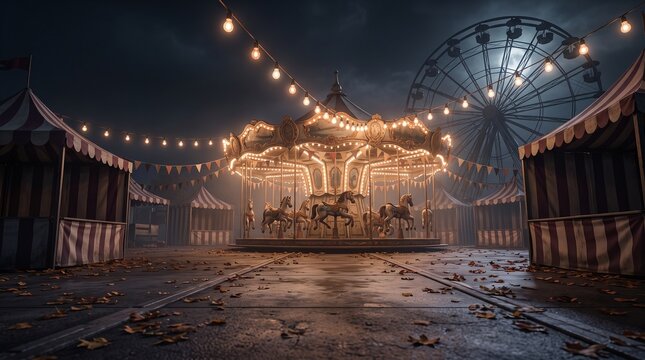 A spooky abandoned carnival at night featuring a glowing carousel and ferris wheel perfect for a dark halloween themed background
