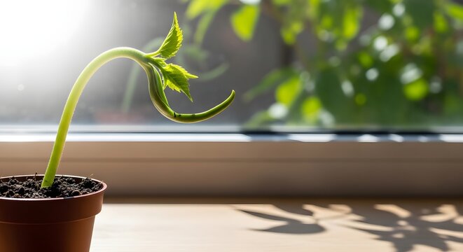 A small green seedling growing in a flower pot on a sunny windowsill with soft morning light