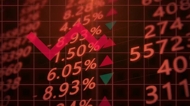 red percentage market numbers, stock market decline and economic crisis background.