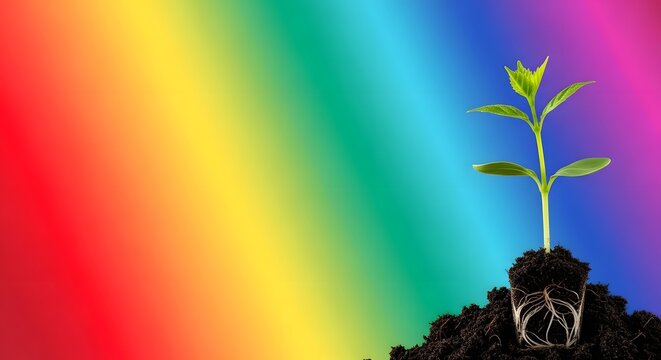 A small green seedling growing out of dark soil against a vibrant colorful rainbow gradient background