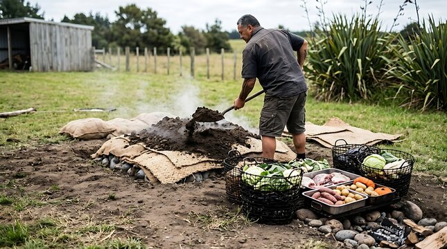 Man preparing a traditional earth oven for outdoor cooking