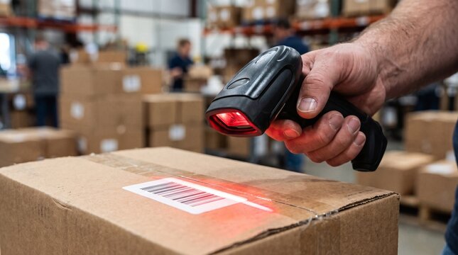 Warehouse worker scanning barcode on cardboard box with handheld scanner for inventory management and logistics