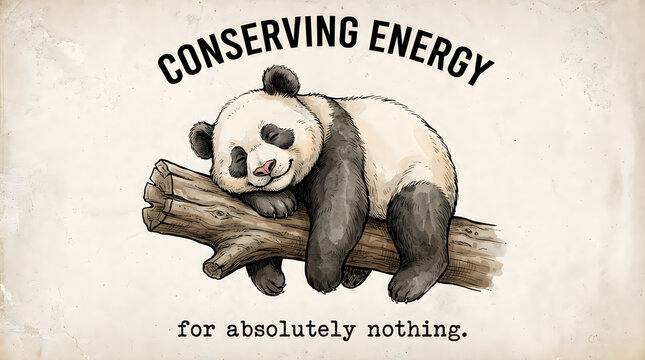 Cute sleepy panda bear resting on a tree branch with funny conserving energy text illustration