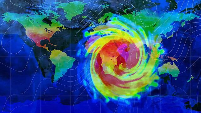 map with storm system, thermal overlay, global warming and extreme weather.
