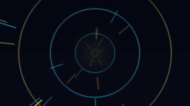 Abstract clock face with glowing neon hands and numbers on dark futuristic background