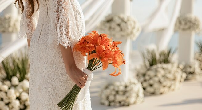 Bride in white lace dress holds vibrant orange lilies at an outdoor ceremony