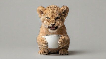 Fototapeta premium A cute lion cub growling while holding a coffee mug in its paws