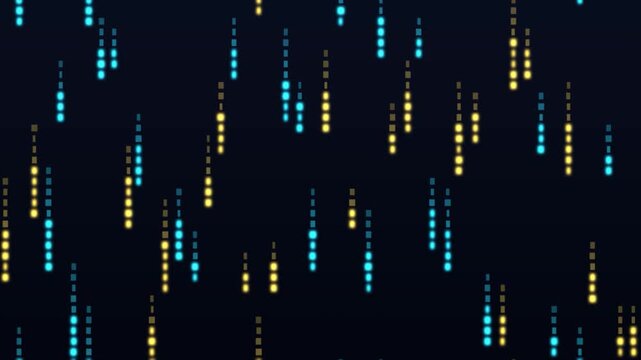 Digital binary code rain animation with glowing blue and yellow data streams on black background