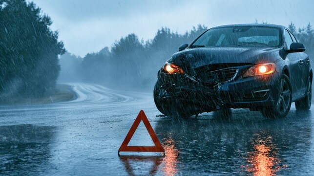 A black car stopped on a wet road during heavy rain with hazard lights on and a red warning triangle placed behind it for safety.