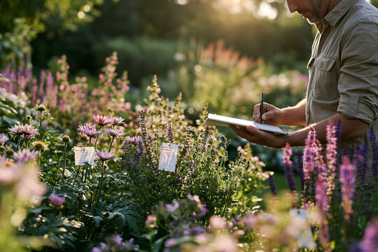 Flowering plants monitored in botanical research garden showcasing plant phenology pollinator timing and biodiversity observation