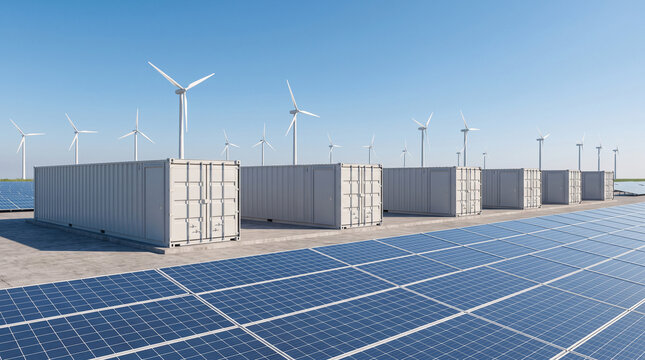 Battery energy storage containers at solar and wind farm under clear blue sky in bright daylight aerial view