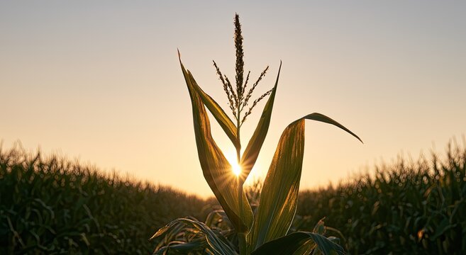 Golden sunset illuminates a lone cornstalk in a vast field at dawn