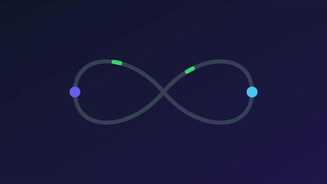 Animated infinity loop symbol with moving light particles on dark animation 4k background, motion