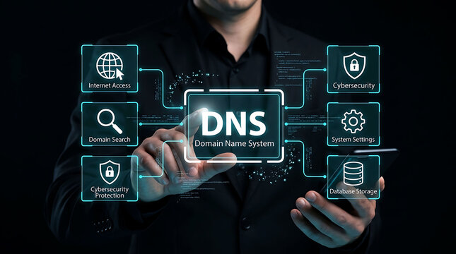 DNS server security and internet technology concept with businessman and laptop