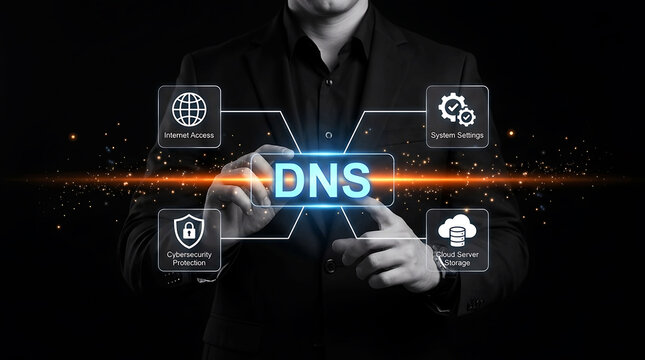 DNS server security and internet technology concept with businessman and laptop