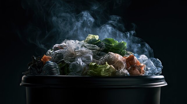 Steaming pile of colorful plastic waste in a bin