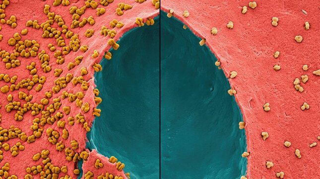 D2 receptor downregulation comparison on the postsynaptic membrane, demonstrating depletion of gold protein density from chronic cocaine exposure, showing healthy versus addicted synapse.
