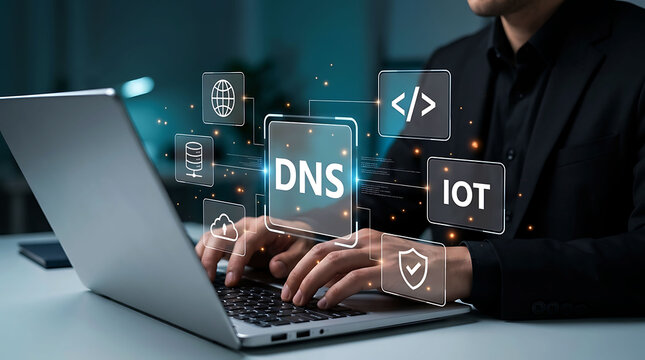 DNS server and internet of things IOT network security technology concept on laptop