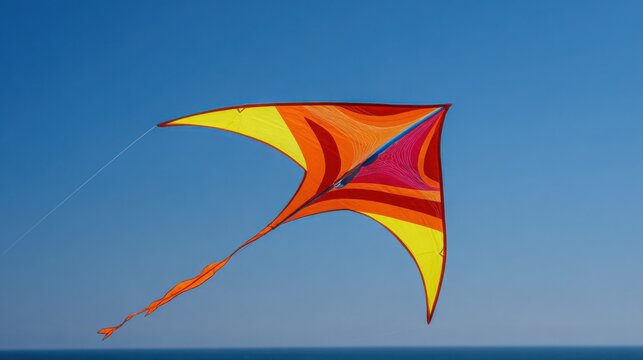 Vibrantly Colored Abstract Geometric Kite Soaring Against a Clear Blue Sky with Ocean Horizon
