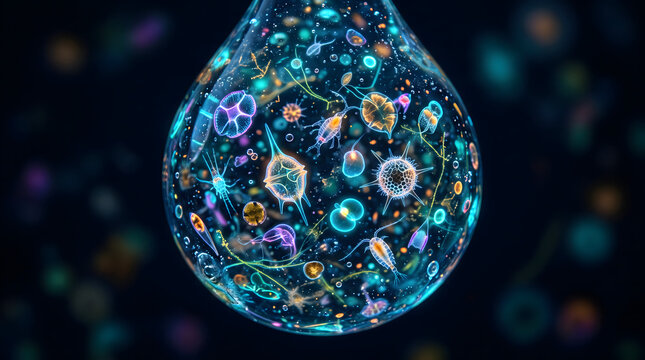 Microscopic view of glowing plankton and microorganisms inside a single water drop, Microscopic seawater droplet teeming with bioluminescent plankton and marine organisms