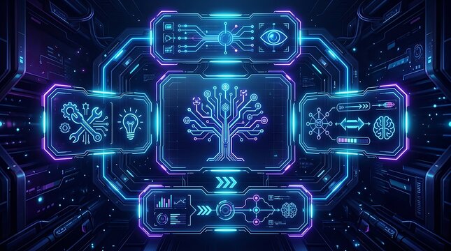 Futuristic digital interface with glowing circuit tree and tech icons