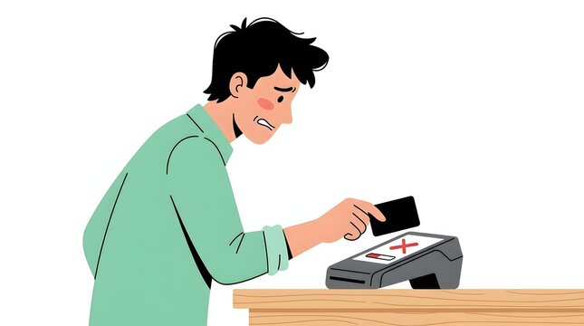 Confused Young Man Facing Declined Contactless Credit Card Payment on POS Machine Terminal